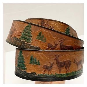 Vintage paint d leather belt with forest deer scene size 39